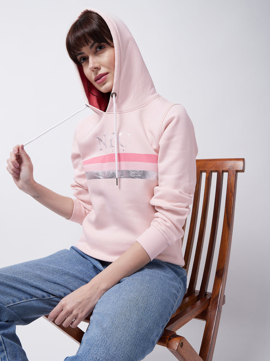 Modeve Peach Printed Hooded Sweatshirt