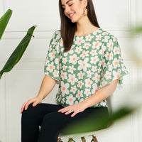 Modeve Women Green Floral Bell Sleeves Top