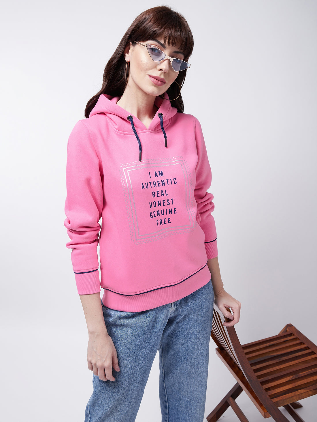 Modeve Typography Printed Hooded Ribbed Winter Sweatshirt for Women