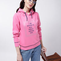 Modeve Typography Printed Hooded Ribbed Winter Sweatshirt for Women