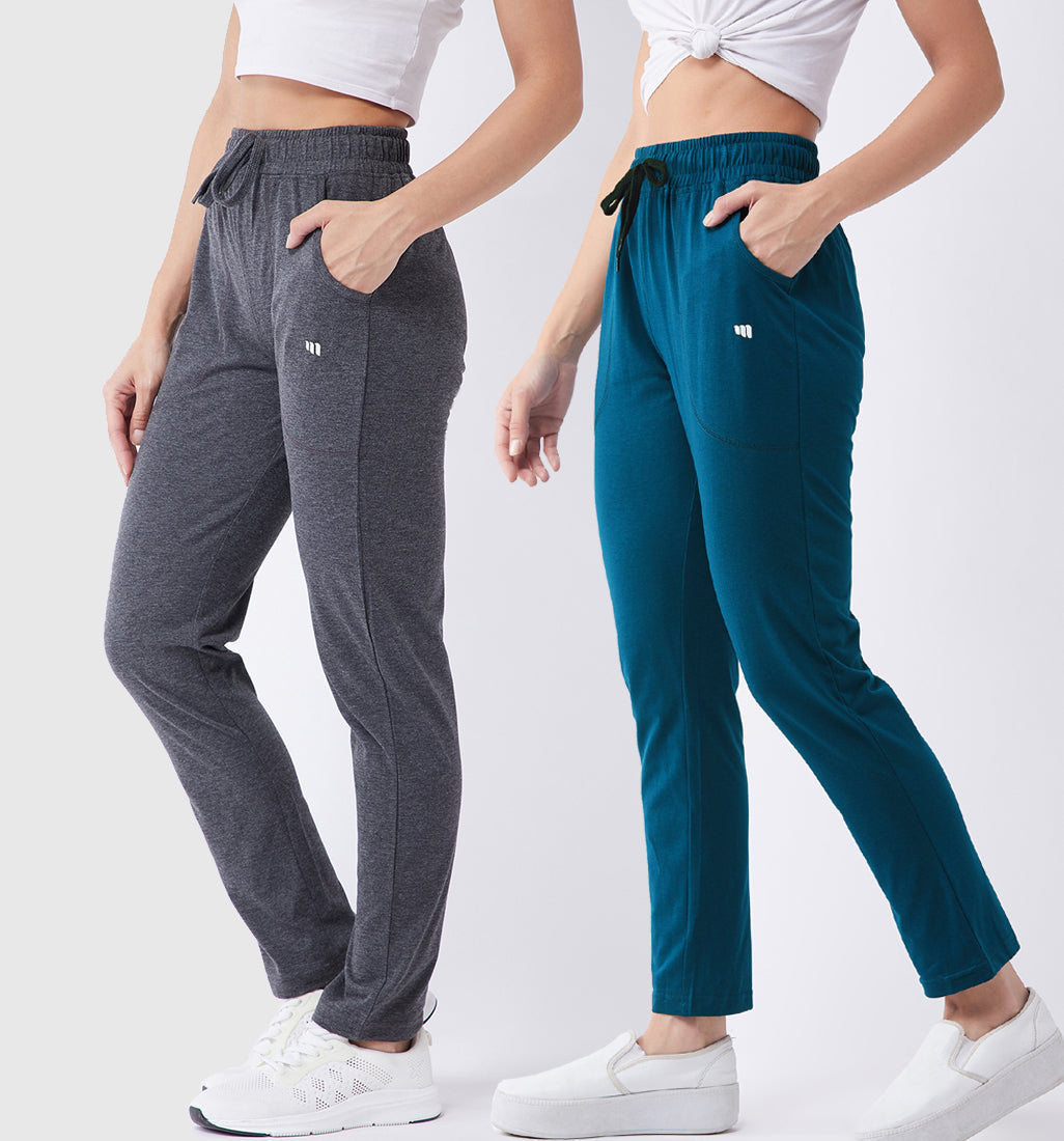 Modeve Grey and Teal Solid Cotton Blend Women Track Pants Combos