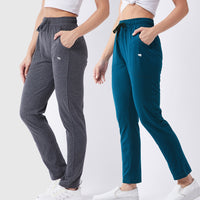 Modeve Grey and Teal Solid Cotton Blend Women Track Pants Combos