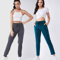 Modeve Grey and Teal Solid Cotton Blend Women Track Pants Combos