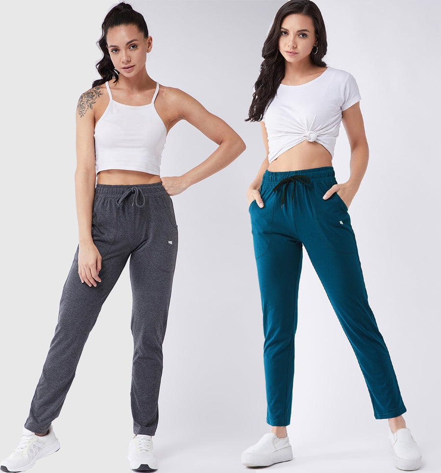 Modeve Grey and Teal Solid Cotton Blend Women Track Pants Combos