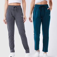 Modeve Grey and Teal Solid Cotton Blend Women Track Pants Combos