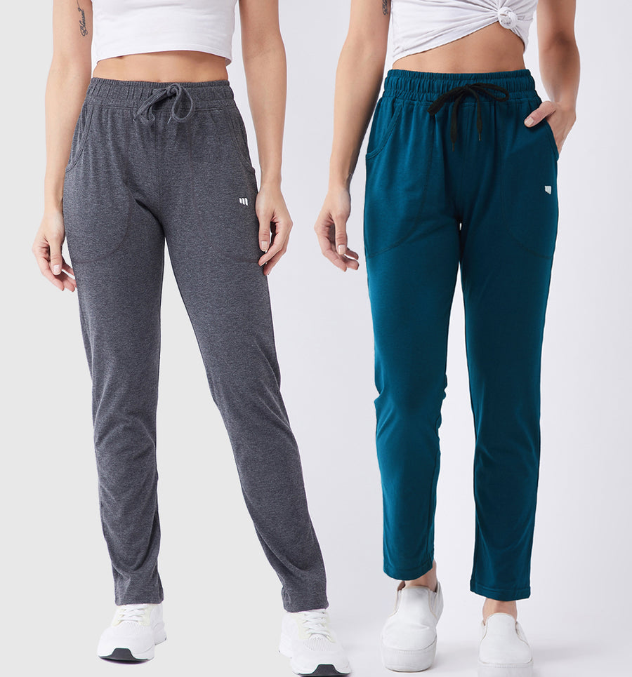 Modeve Grey and Teal Solid Cotton Blend Women Track Pants Combos