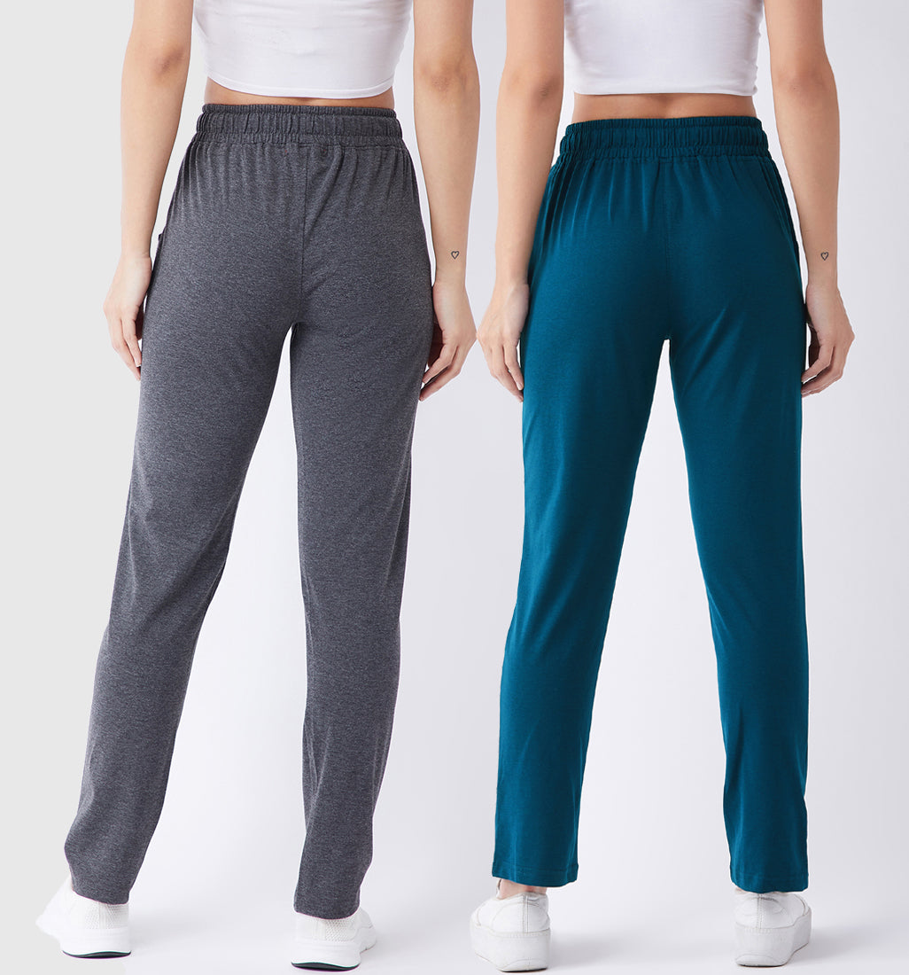 Modeve Grey and Teal Solid Cotton Blend Women Track Pants Combos