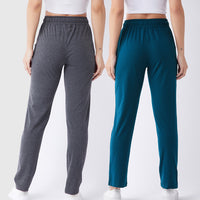 Modeve Grey and Teal Solid Cotton Blend Women Track Pants Combos