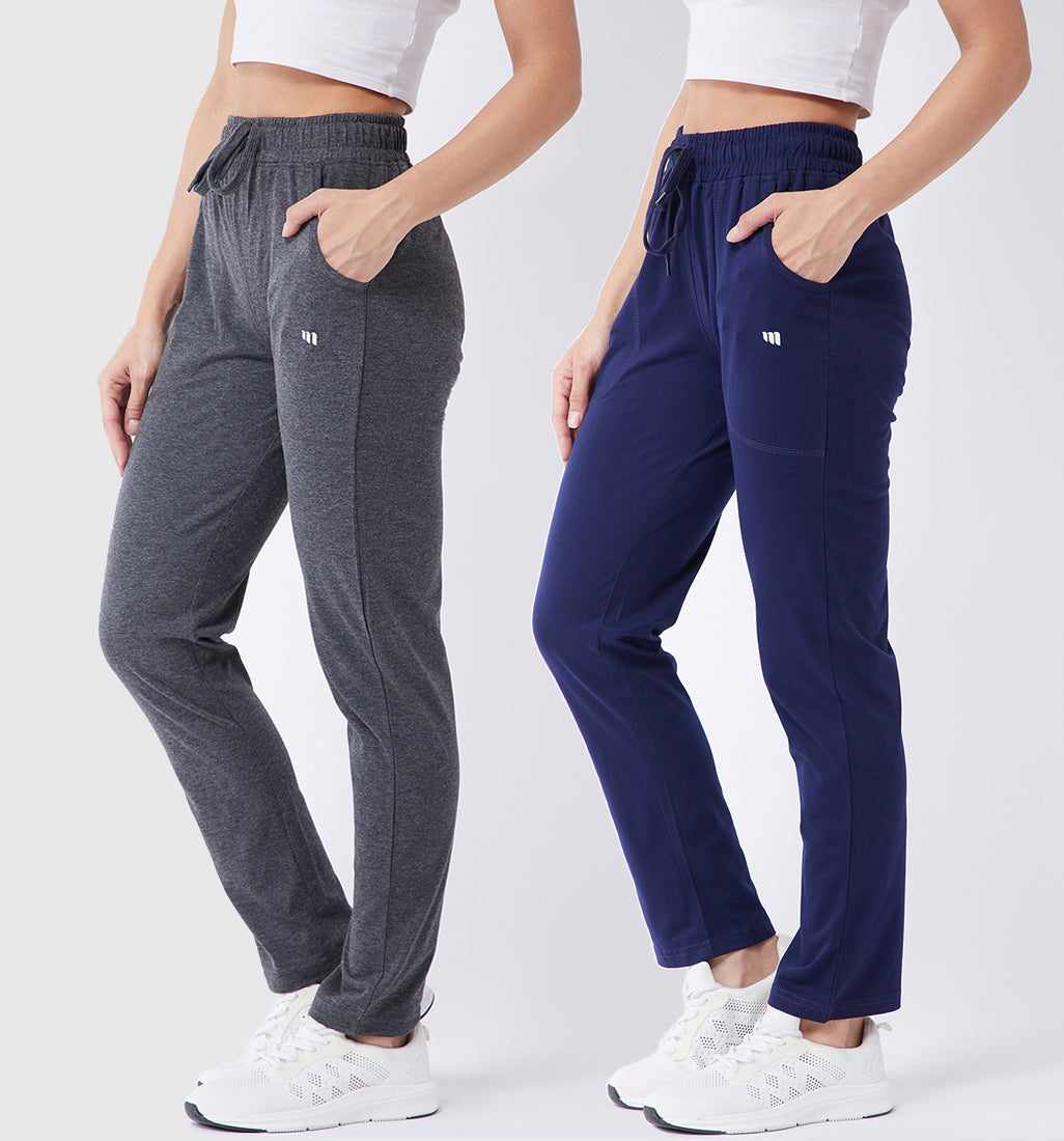 Modeve Grey and Navy Solid Cotton Blend Women Track Pants Combos