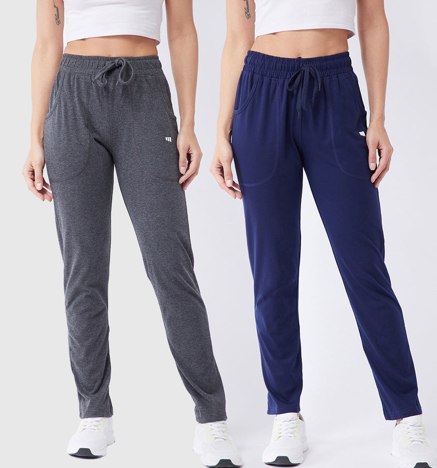 Modeve Grey and Navy Solid Cotton Blend Women Track Pants Combos