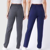 Modeve Grey and Navy Solid Cotton Blend Women Track Pants Combos