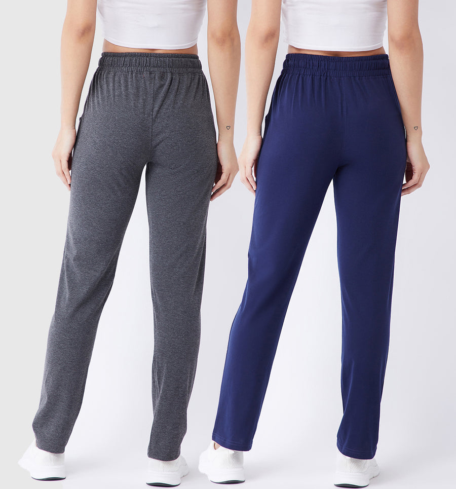 Modeve Grey and Navy Solid Cotton Blend Women Track Pants Combos