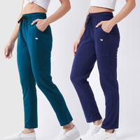 Modeve Teal and Navy Solid Cotton Blend Women Track Pants Combos