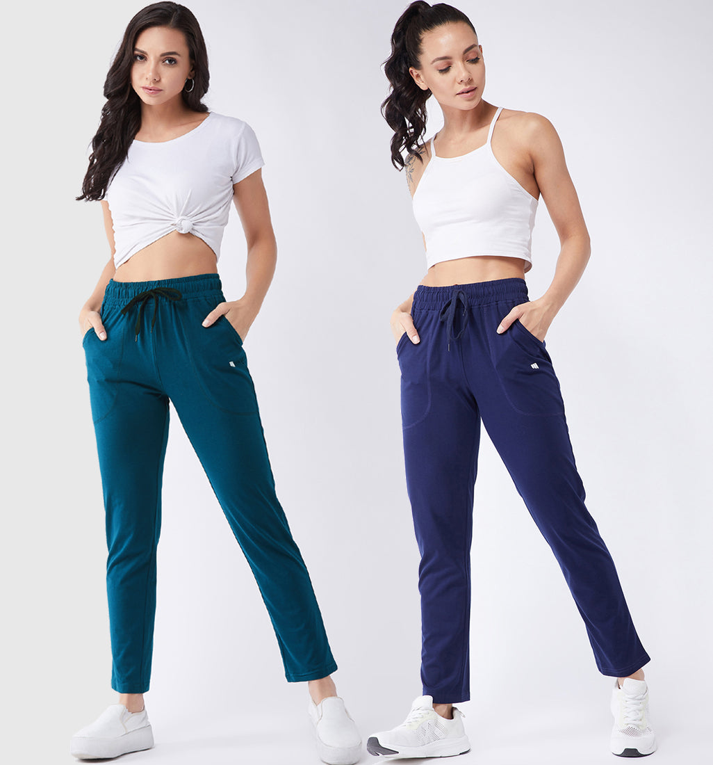 Modeve Teal and Navy Solid Cotton Blend Women Track Pants Combos