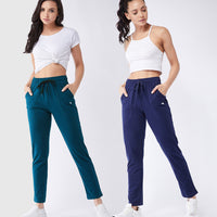 Modeve Teal and Navy Solid Cotton Blend Women Track Pants Combos