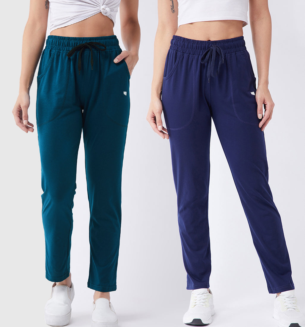 Modeve Teal and Navy Solid Cotton Blend Women Track Pants Combos