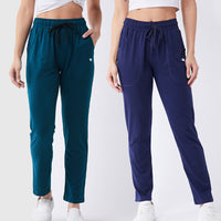 Modeve Teal and Navy Solid Cotton Blend Women Track Pants Combos