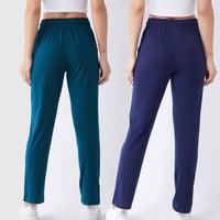 Modeve Teal and Navy Solid Cotton Blend Women Track Pants Combos