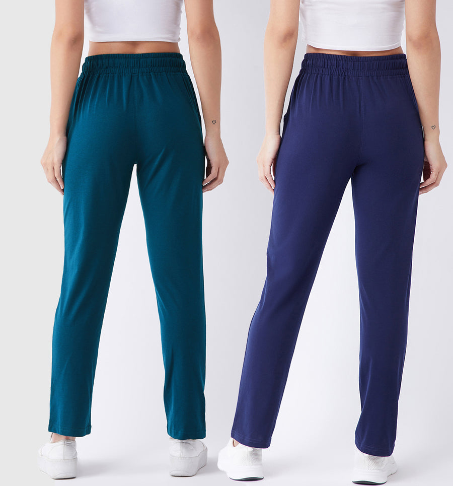 Modeve Teal and Navy Solid Cotton Blend Women Track Pants Combos