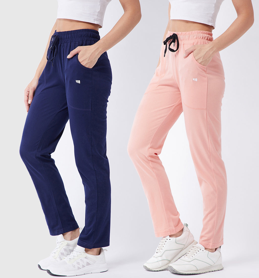 Modeve Navy and Peach Cotton Blend Women Track Pants Combos