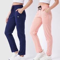 Modeve Navy and Peach Cotton Blend Women Track Pants Combos