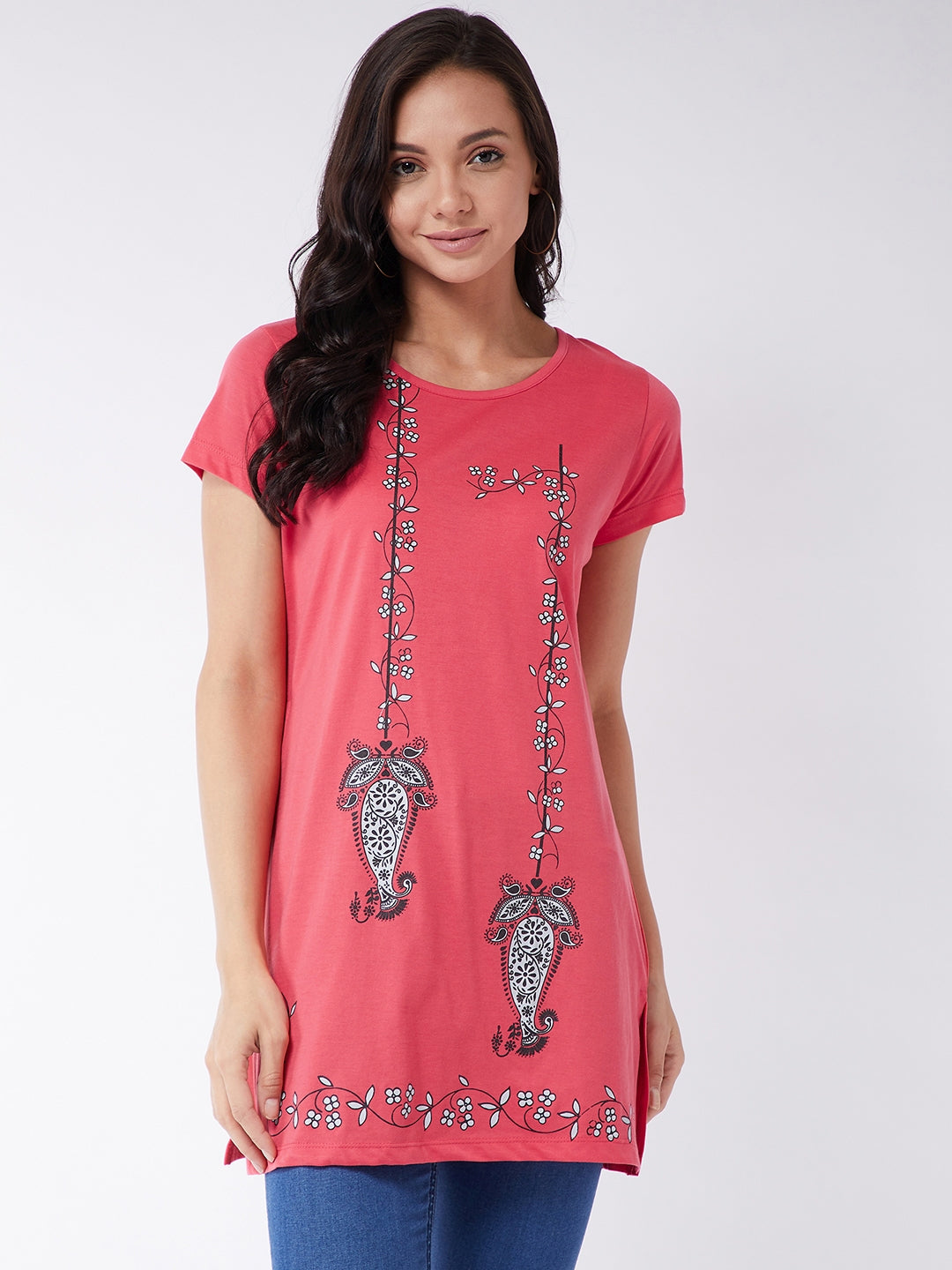 Modeve Women Coral Printed Cotton Blend Long T-shirt for Summer