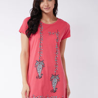 Modeve Women Coral Printed Cotton Blend Long T-shirt for Summer