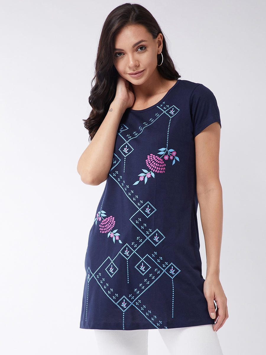 Modeve Women Navy Blue Printed Cotton Blend Long T-shirt for Summer