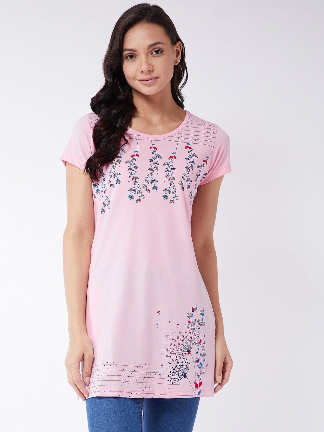 Modeve Women Light Pink Printed Cotton Blend Long T-shirt for Summer