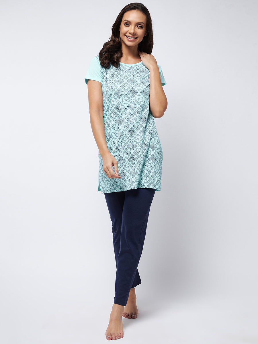 Modeve Women Printed Sky Blue and Navy Night Suit