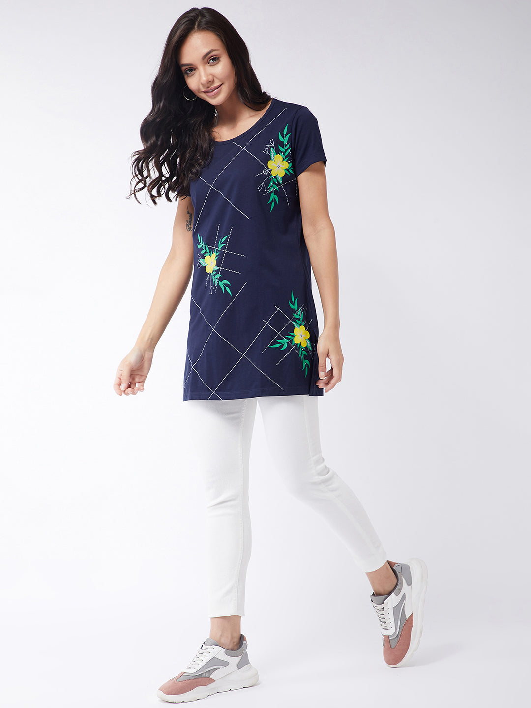 Modeve Women Navy Printed Cotton Blend Long T-shirt for Summer