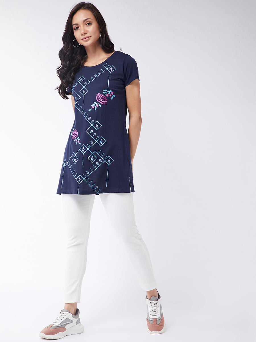 Modeve Women Navy Blue Printed Cotton Blend Long T-shirt for Summer