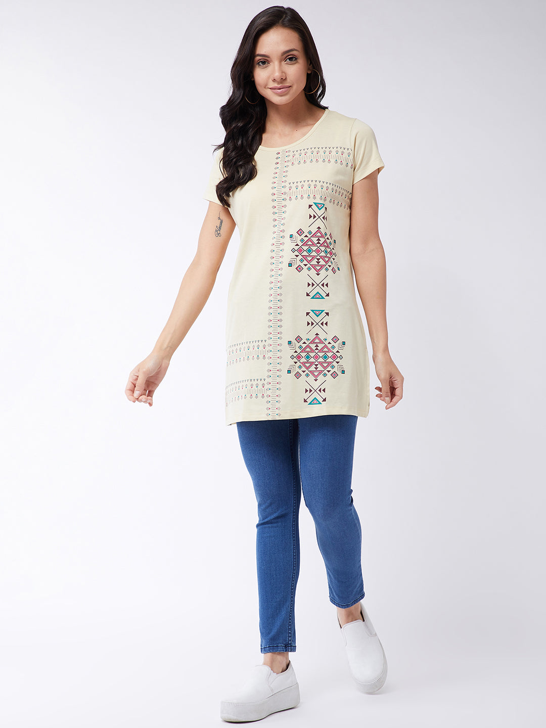 Modeve Women Cream Printed Cotton Blend Long T-shirt for Summer