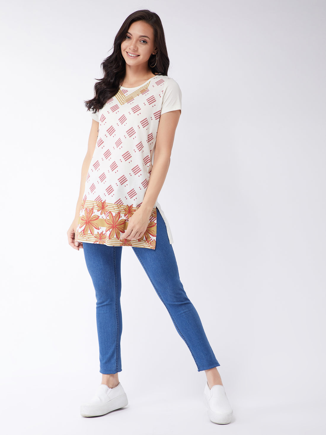 Modeve Women Off White Printed Cotton Blend Long T-shirt for Summer