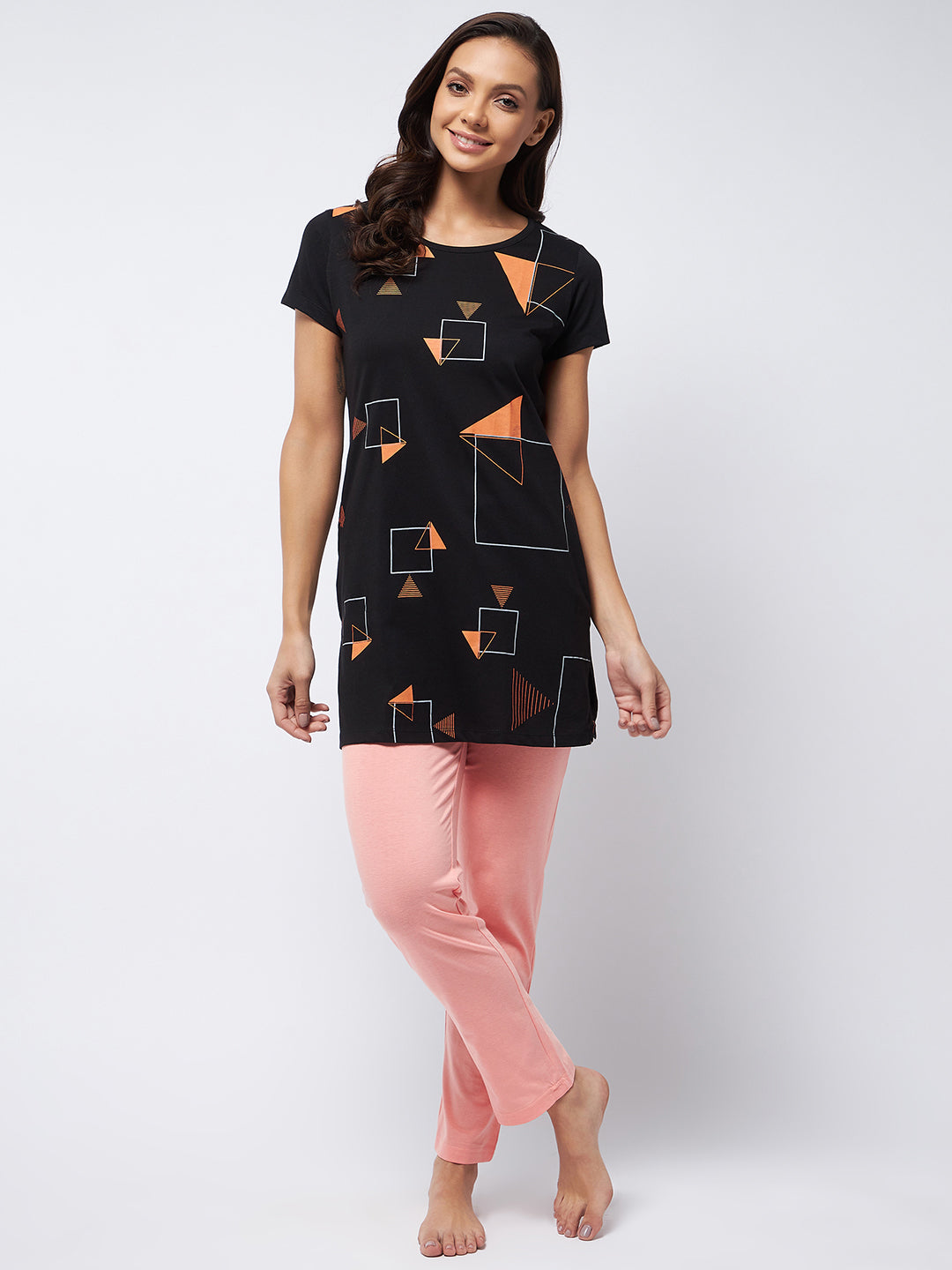 Modeve Women Printed Black and Peach Night Suit