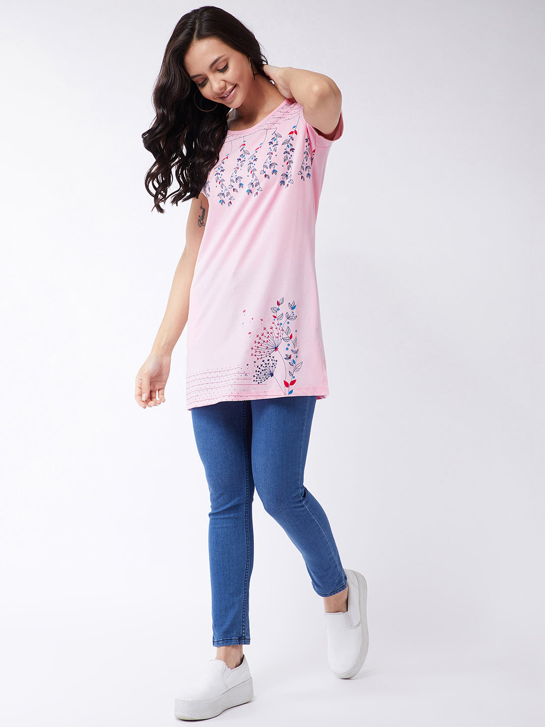 Modeve Women Light Pink Printed Cotton Blend Long T-shirt for Summer