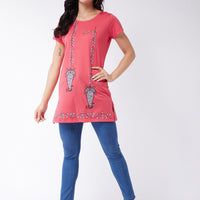 Modeve Women Coral Printed Cotton Blend Long T-shirt for Summer