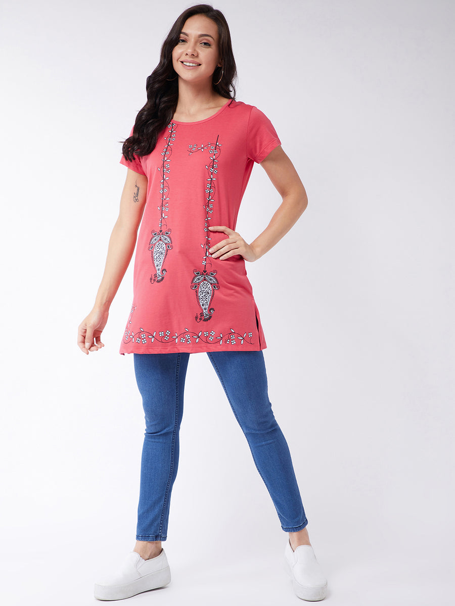 Modeve Women Coral Printed Cotton Blend Long T-shirt for Summer