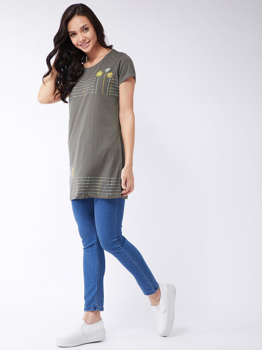 Modeve Women Cement Grey Printed Cotton Blend Long T-shirt for Summer