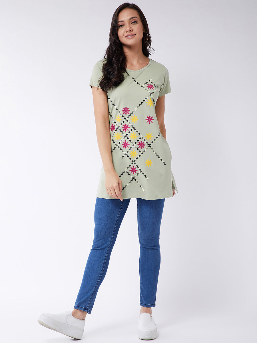 Modeve Women Pista Printed Cotton Blend Long T-shirt for Summer