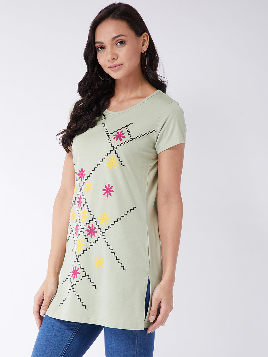 Modeve Women Pista Printed Cotton Blend Long T-shirt for Summer