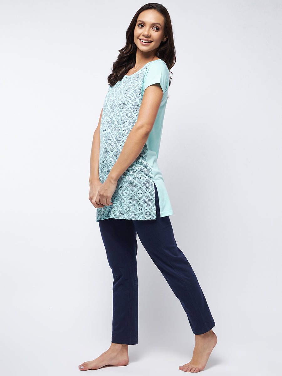 Modeve Women Printed Sky Blue and Navy Night Suit