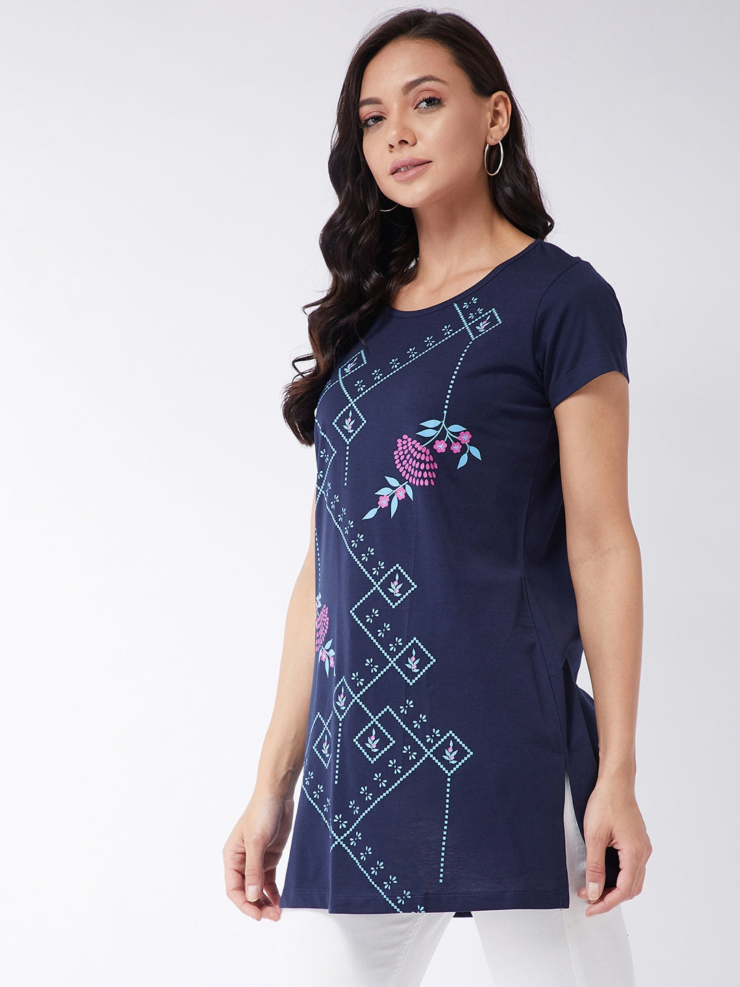 Modeve Women Navy Blue Printed Cotton Blend Long T-shirt for Summer