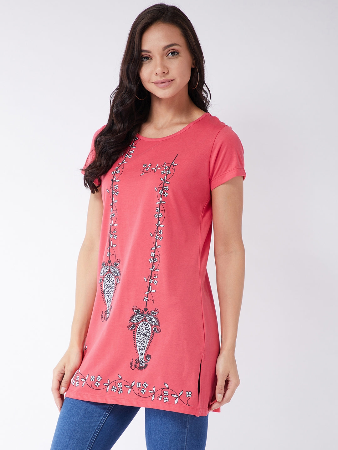 Modeve Women Coral Printed Cotton Blend Long T-shirt for Summer