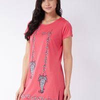 Modeve Women Coral Printed Cotton Blend Long T-shirt for Summer