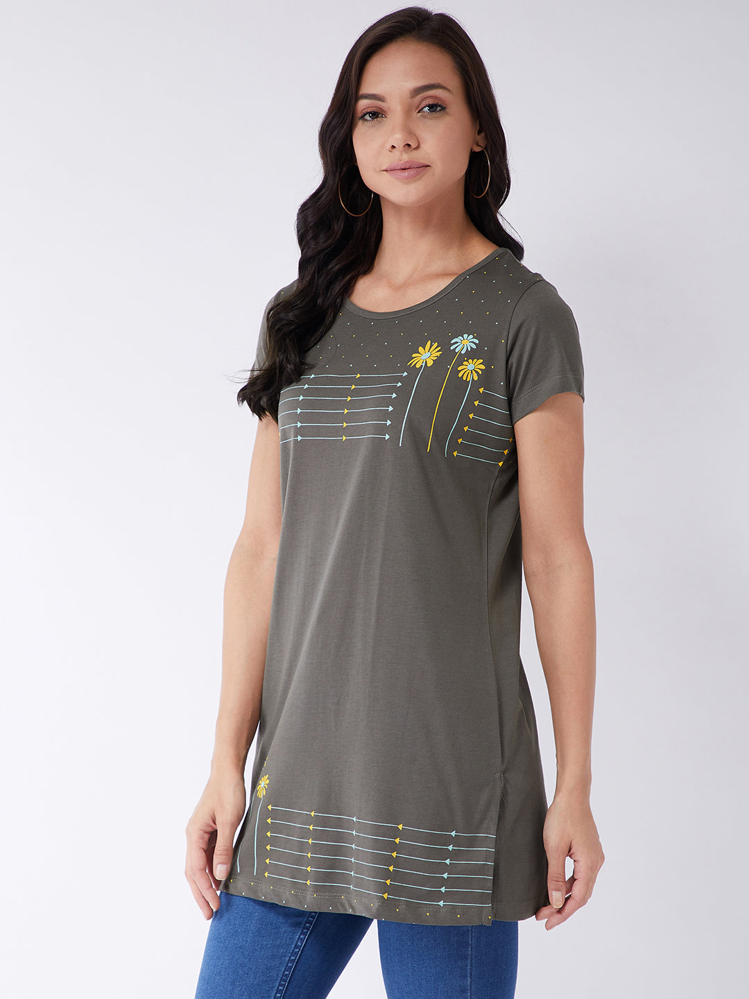 Modeve Women Cement Grey Printed Cotton Blend Long T-shirt for Summer