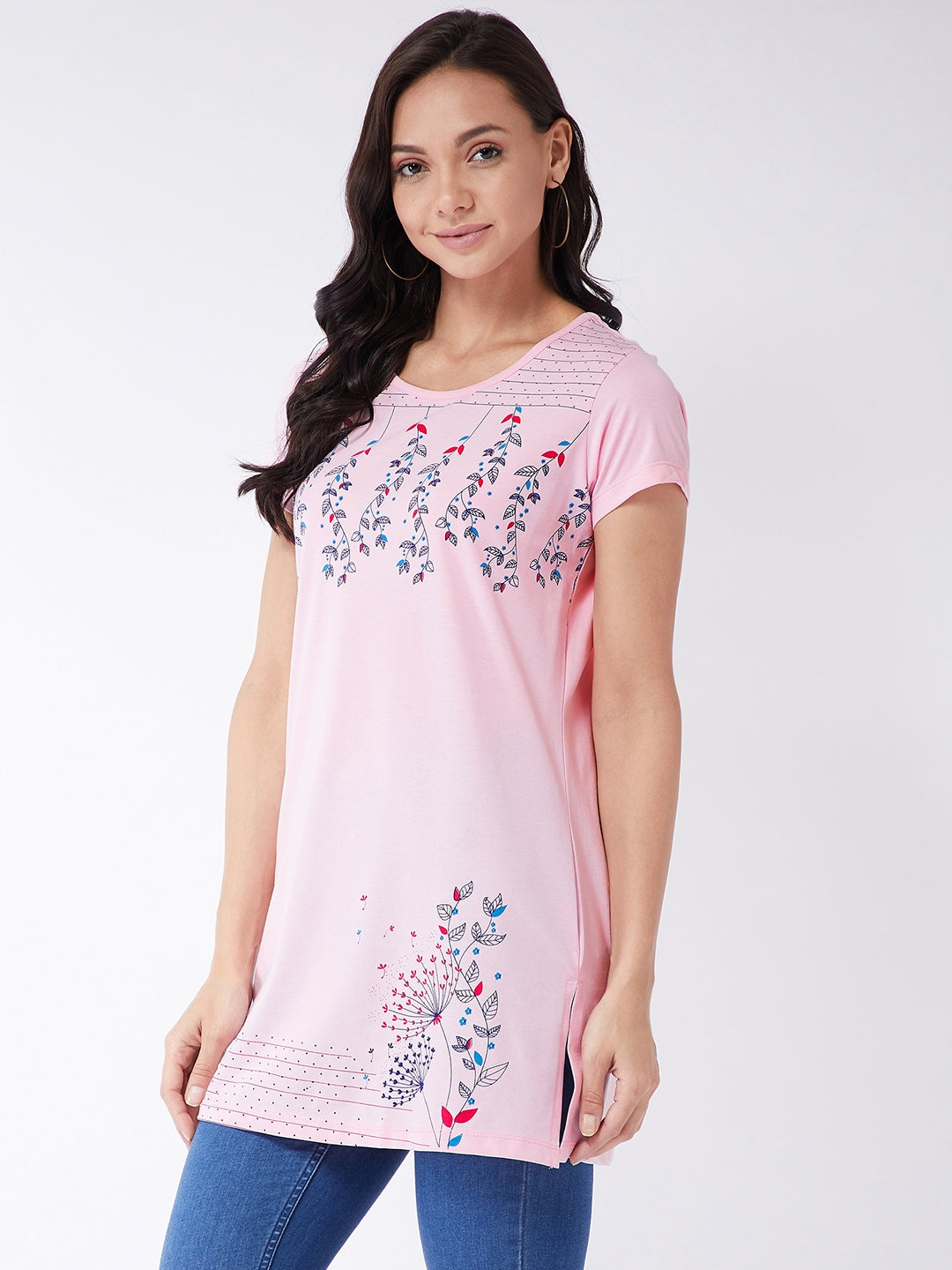 Modeve Women Light Pink Printed Cotton Blend Long T-shirt for Summer