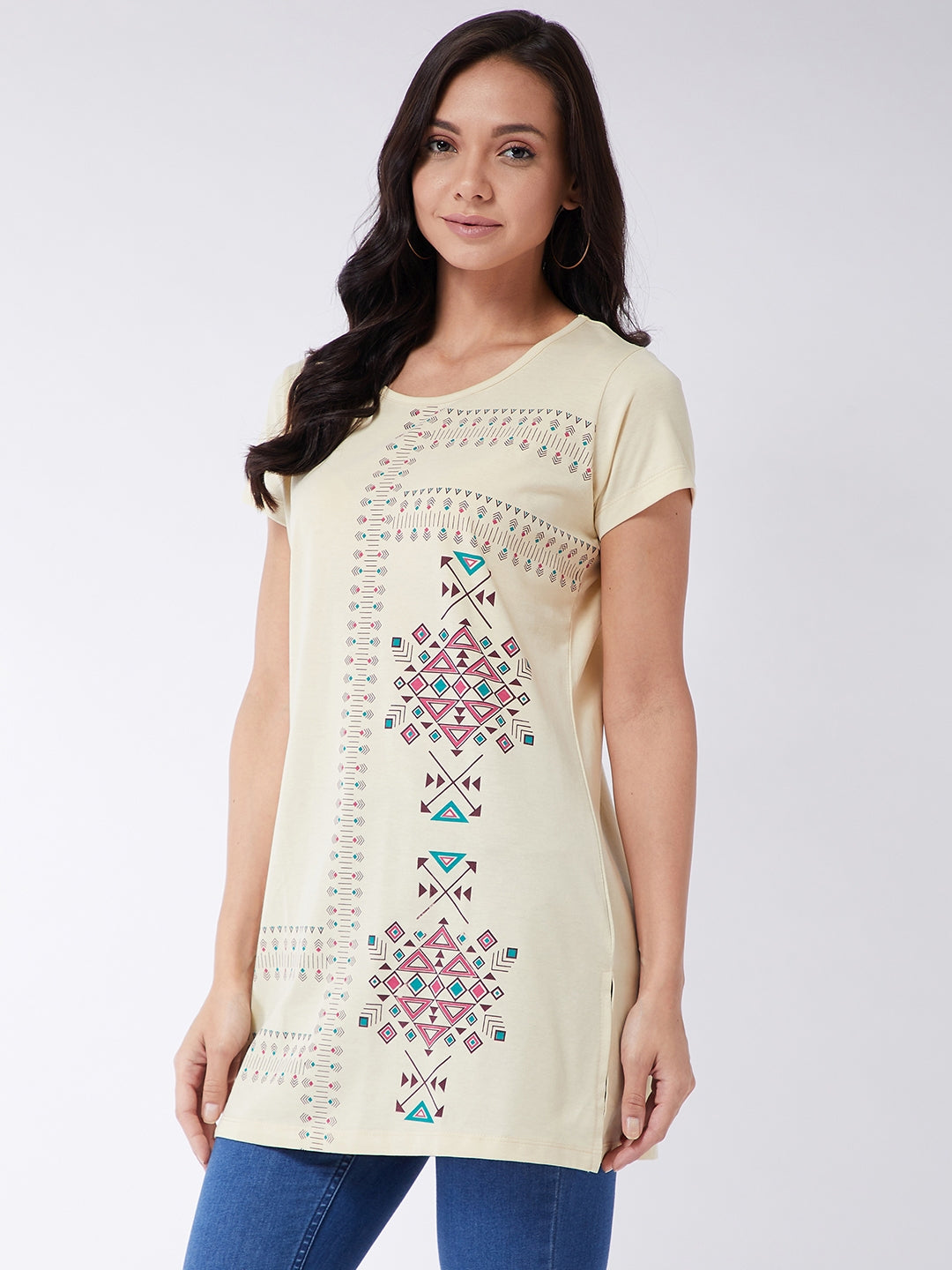 Modeve Women Cream Printed Cotton Blend Long T-shirt for Summer