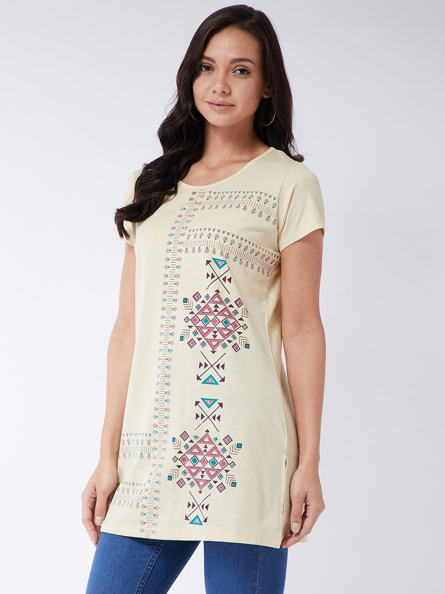 Modeve Women Cream Printed Cotton Blend Long T-shirt for Summer