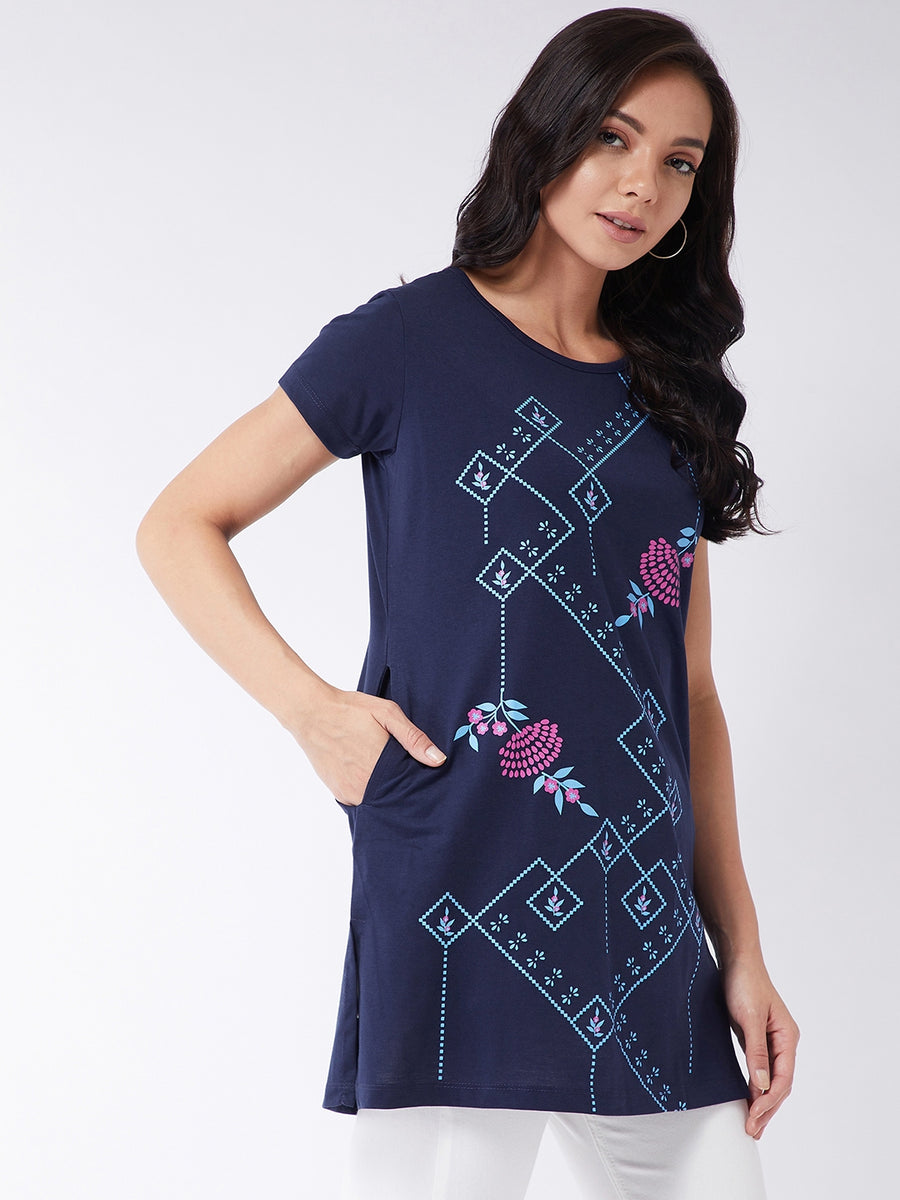 Modeve Women Navy Blue Printed Cotton Blend Long T-shirt for Summer